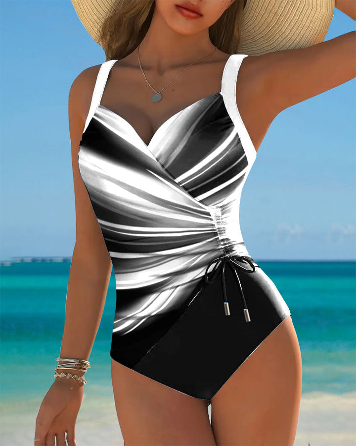 One-Piece Swimsuit with Lacing Details and Contrasting Color Accents