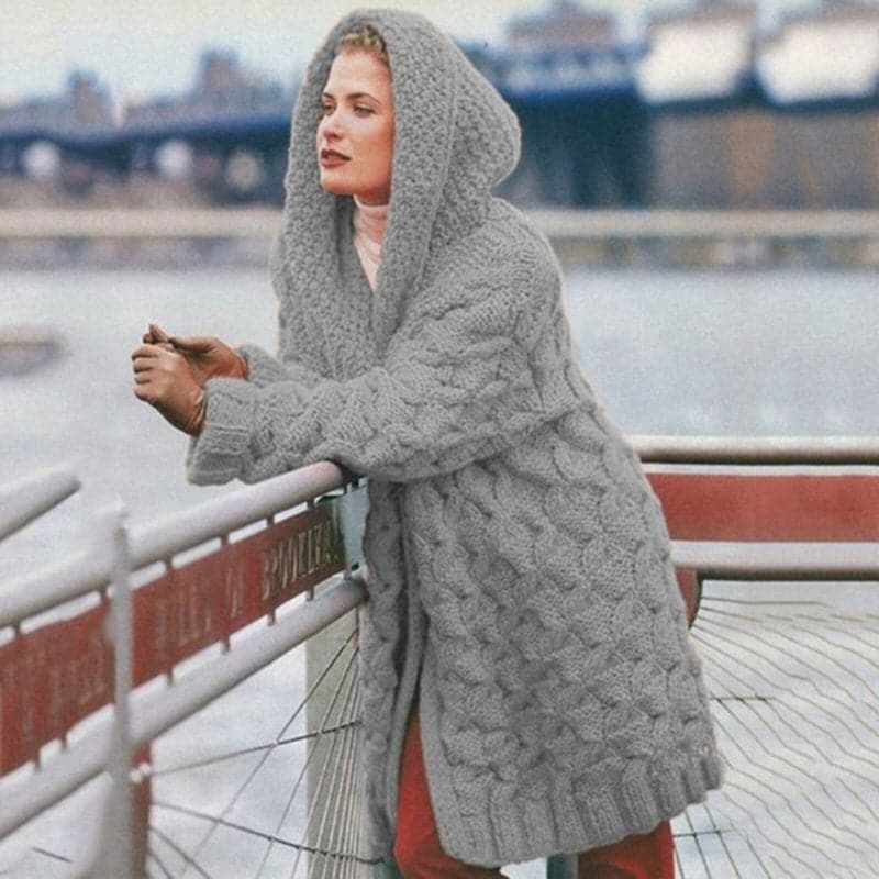 Women's Knitted Cardigan - Long Model - Cable Knit with Hood - Open Front