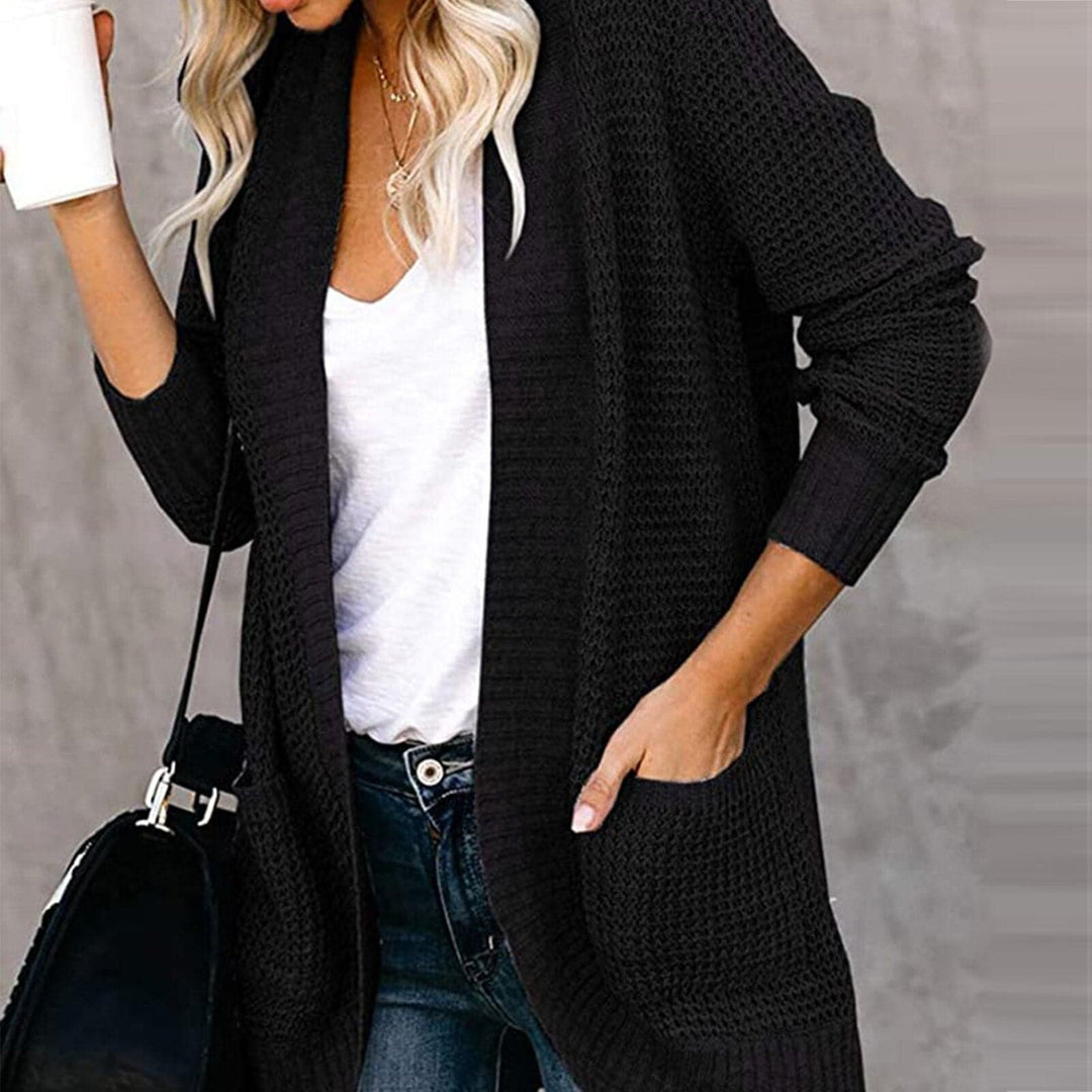 Women's Knitted Cardigan - Long-Sleeved Loose Fit - Open Front with Large Pockets