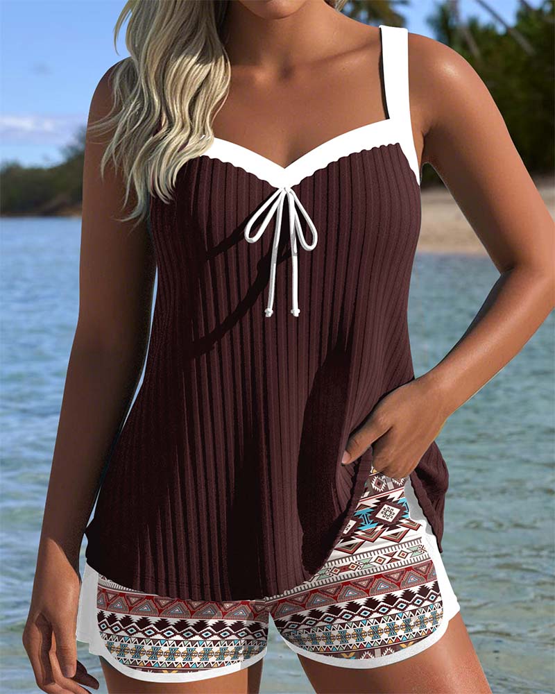 Tankini with Ribbed Design and Printed Beach Shorts