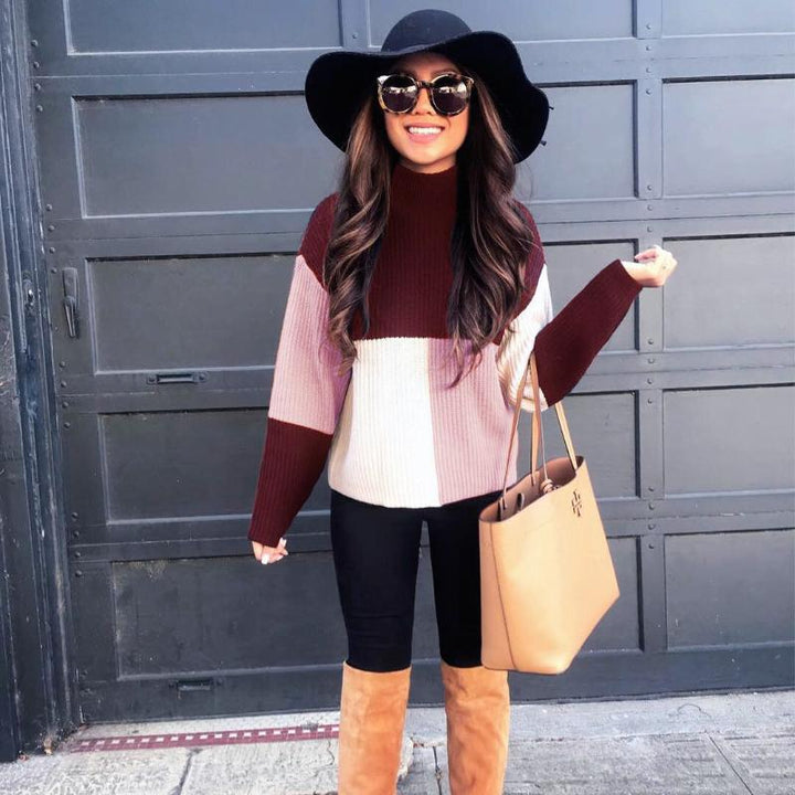 Women's Knit Sweater - Oversized Fit - Block Patterned - Soft and Warm