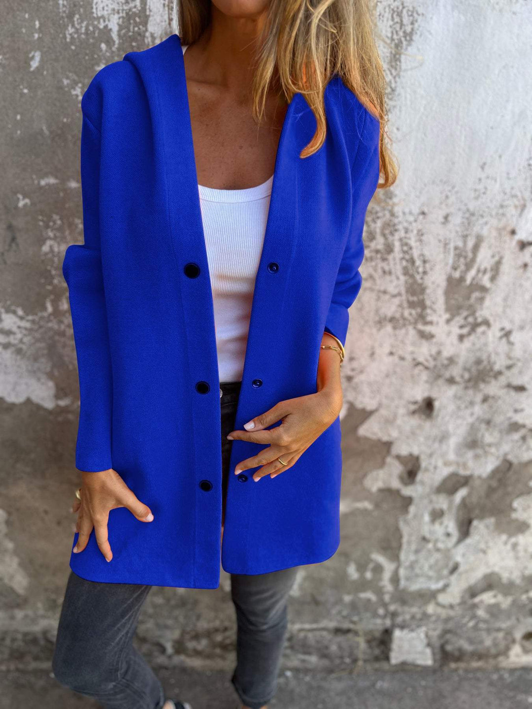 Women's Long Jacket - Wool Blend - Button Closure with Hood - Comfortable Fit