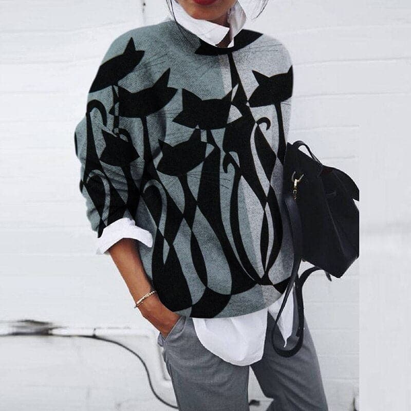 Women's Sweatshirt - Relaxed Fit - Graphic Print - Long-Sleeved Round Neck