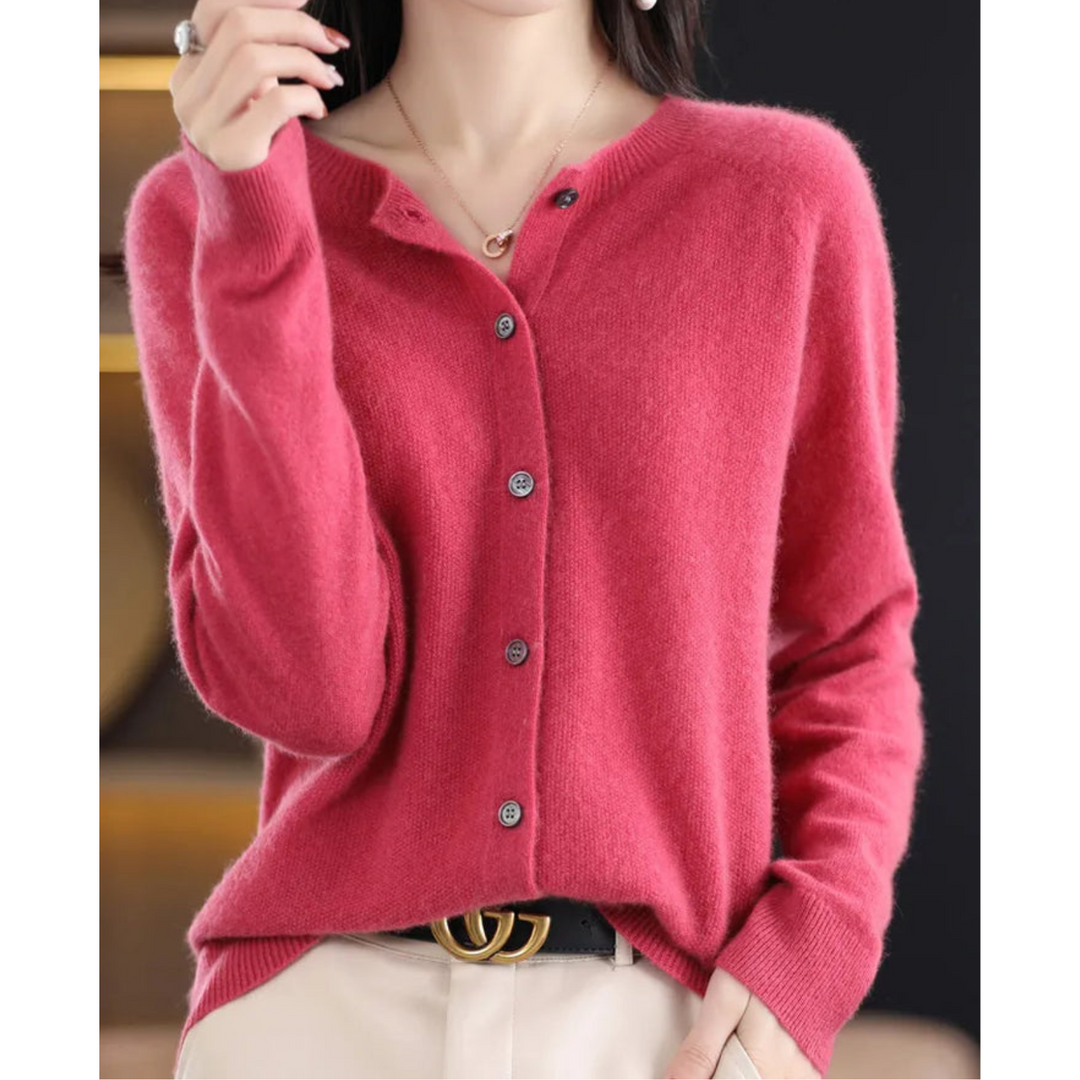 Women's Cardigan - Soft Wool - Relaxed Fit - Button Closure - Ribbed Edges
