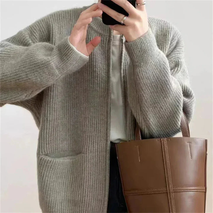 Women Knit Cardigan - Ribbed Texture - Zipper Closure - Oversized Fit - With Pockets