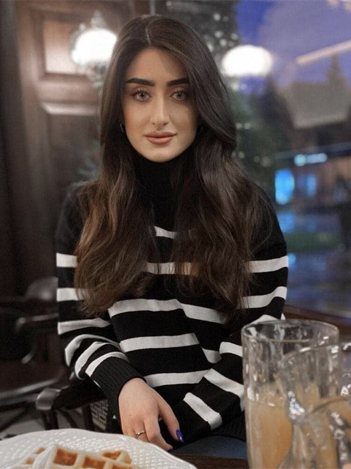 Women's Knit Sweater - Oversized Fit - High Collar - Soft Knitted Stripes