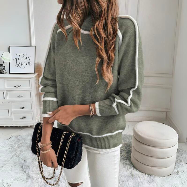 Women's Turtleneck Sweater - Relaxed Fit - Long Sleeves - Contrast Details