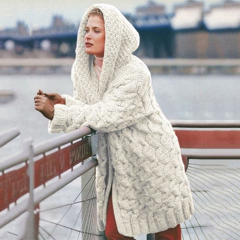 Women's Knitted Cardigan - Long Model - Cable Knit with Hood - Open Front