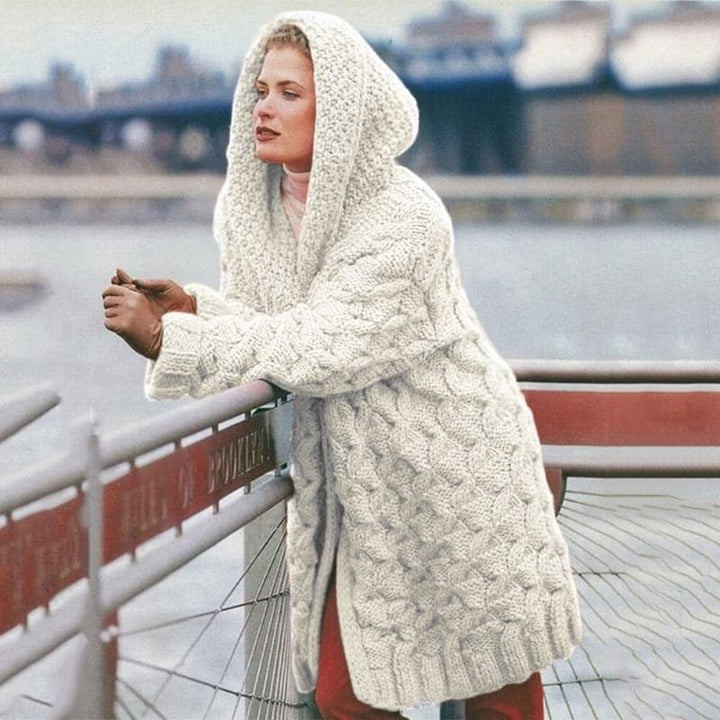 Women's Knitted Cardigan - Long Model - Cable Knit with Hood - Open Front