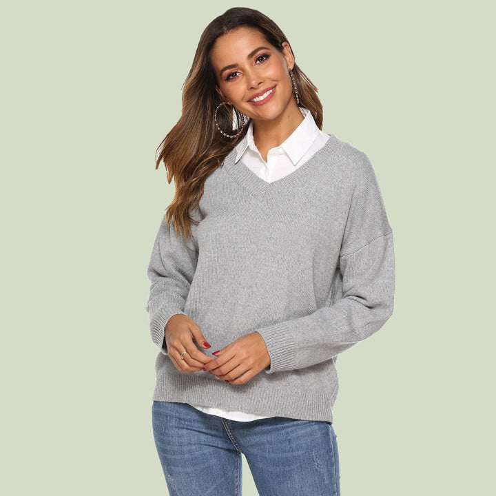 Women's Knit Sweater - V-neck - Loose Fit - Long Sleeves - Soft and Comfortable