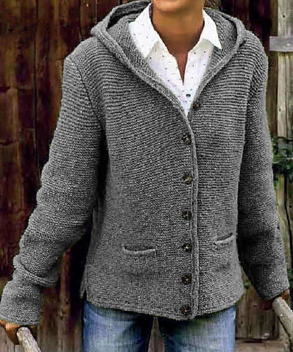 Women Cardigan - Knitted with Buttons - Hood and Pockets - Soft and Warm
