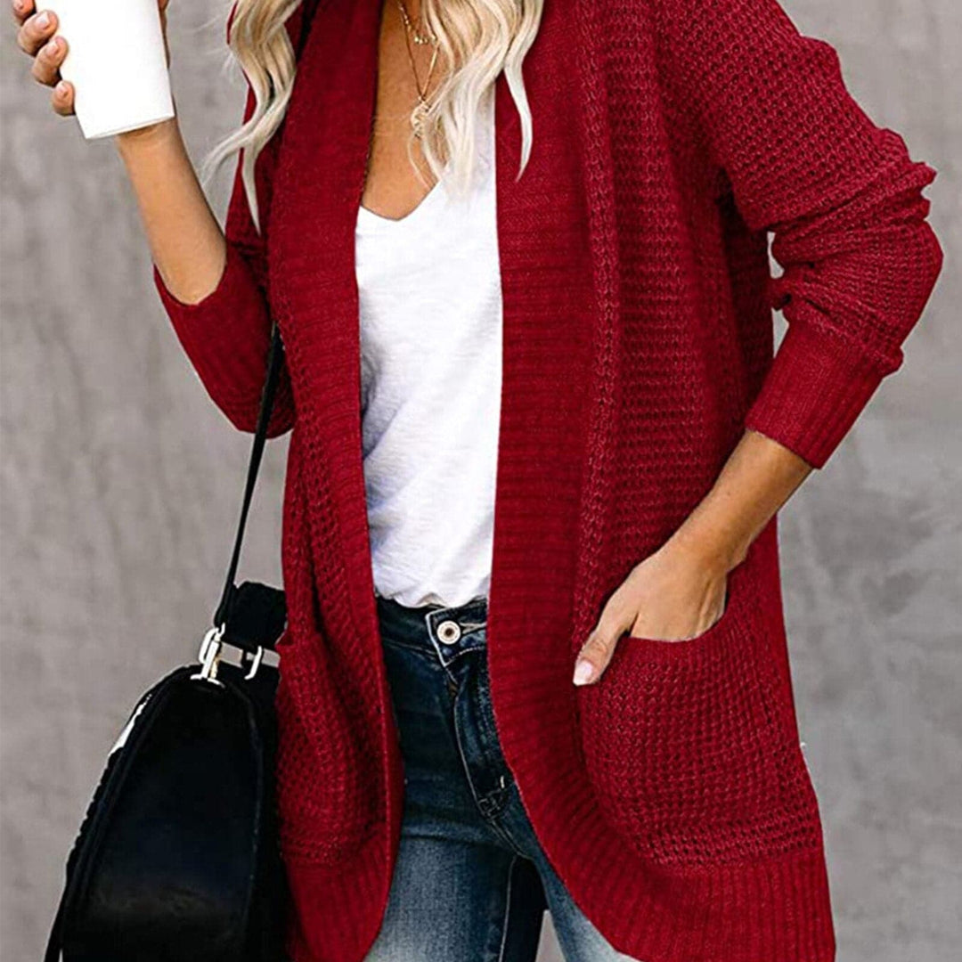 Women's Knitted Cardigan - Long-Sleeved Loose Fit - Open Front with Large Pockets