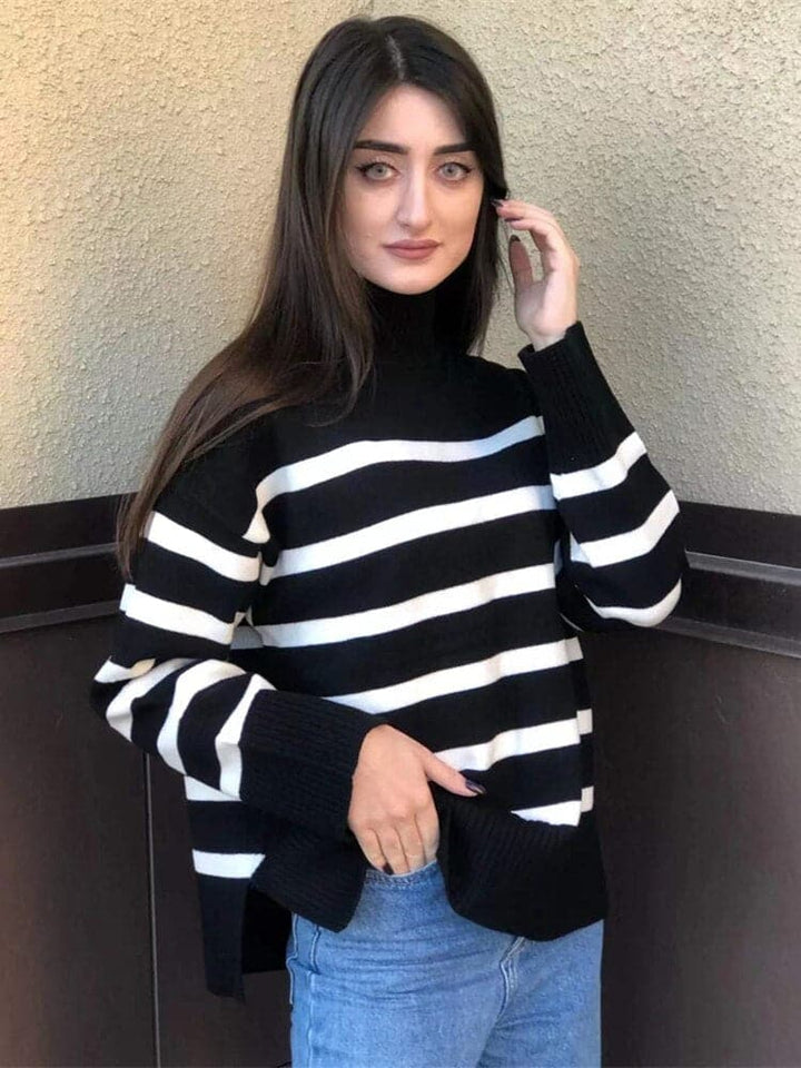 Women's Knit Sweater - Oversized Fit - High Collar - Soft Knitted Stripes