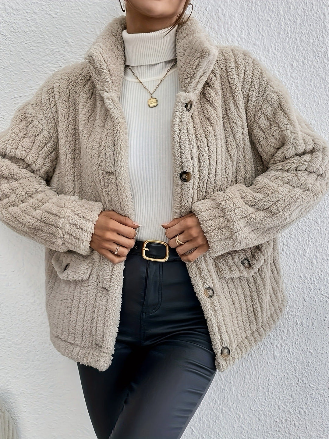 Women's Teddy Coat - Soft Faux Fur - Button Closure - Relaxed Fit - Stylish Design