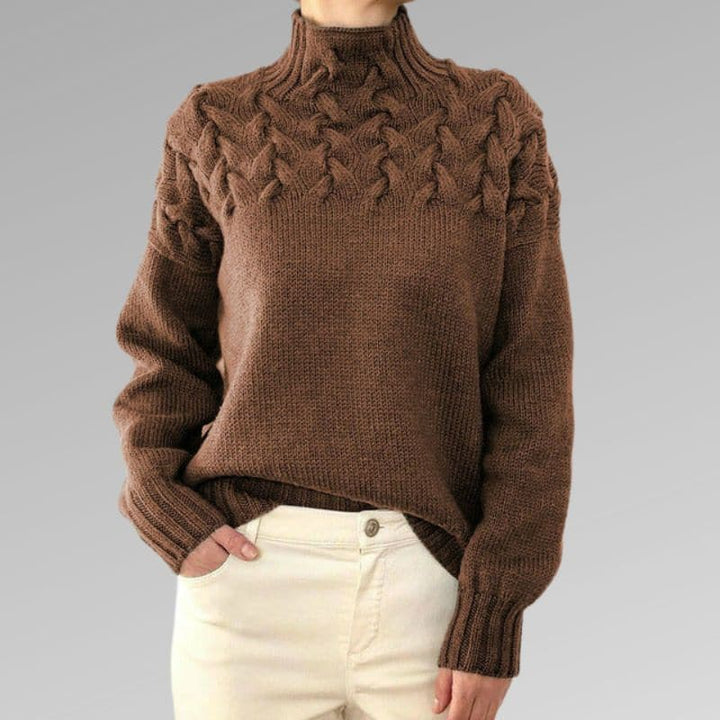 Women's Knit Sweater - Soft Wool Blend - Cable Knit & Ribbed Details - High Collar