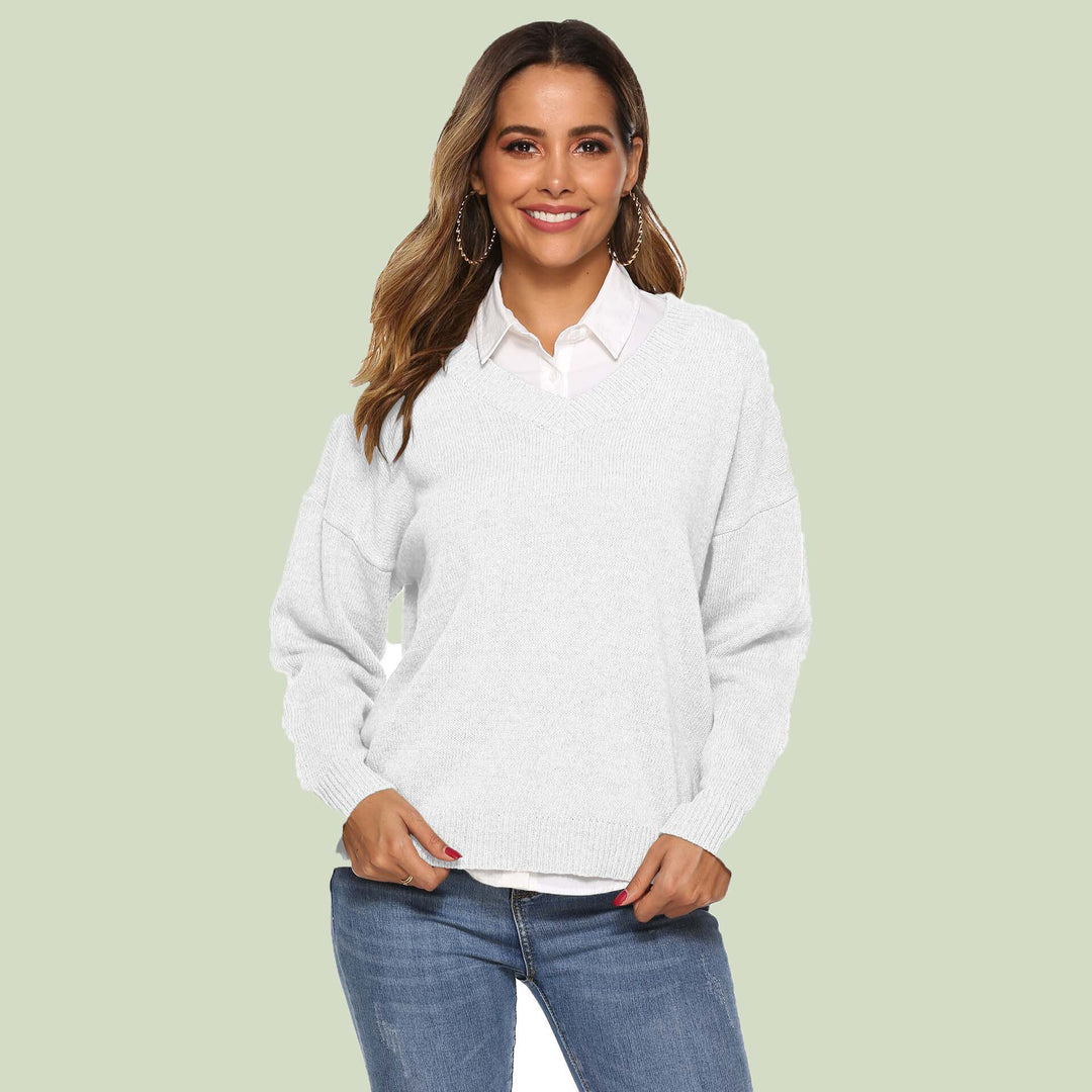 Women's Knit Sweater - V-neck - Loose Fit - Long Sleeves - Soft and Comfortable