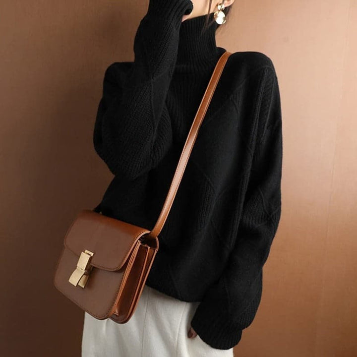 Women's Turtleneck Sweater - Knitted with Diamond Pattern - Soft and Comfortable
