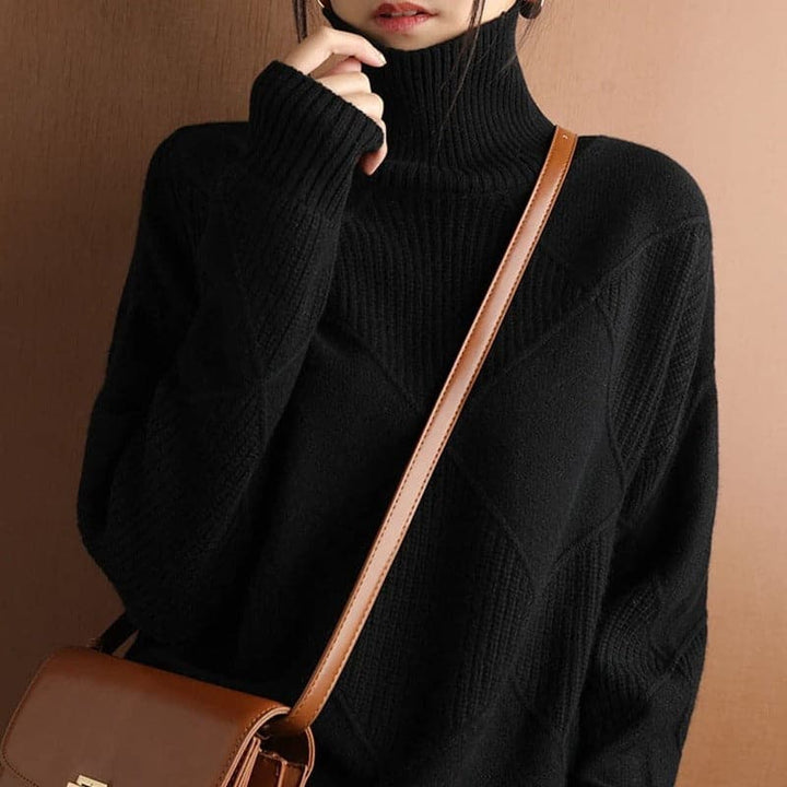 Women's Turtleneck Sweater - Knitted with Diamond Pattern - Soft and Comfortable