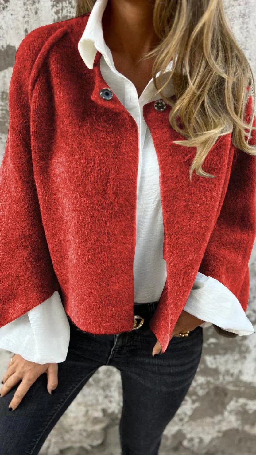 Women's Short Jacket - Wool Blend - Relaxed Fit - Open Front - Button Details