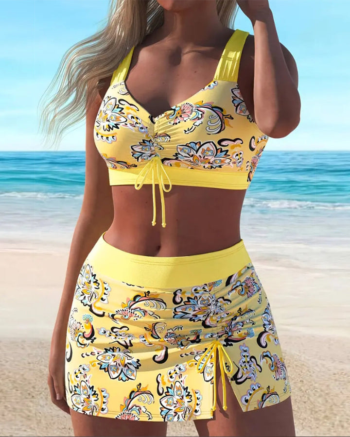 Two-Piece Swimsuit Set with Skirt and Patterned Belt