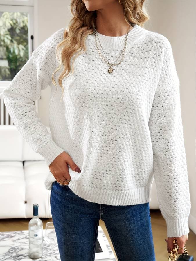 Women's Knit Sweater - Soft and Textured Knit - Relaxed Fit - Round Neck - Long Sleeves