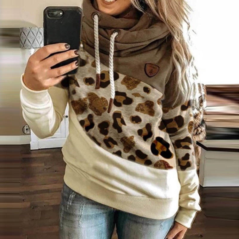 Women's Hoodie - Block Design with Leopard Print - Soft Comfort - Relaxed Fit