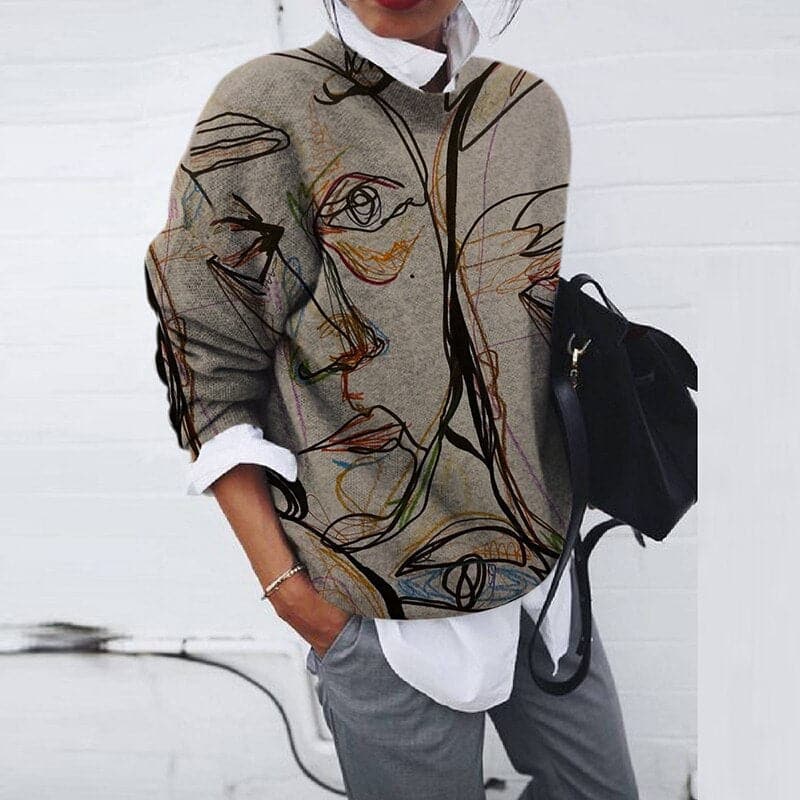 Women's Sweatshirt - Relaxed Fit - Graphic Print - Long-Sleeved Round Neck