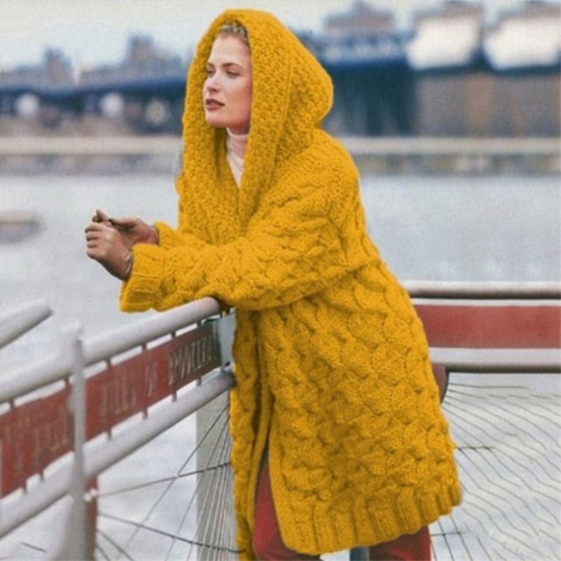 Women's Knitted Cardigan - Long Model - Cable Knit with Hood - Open Front