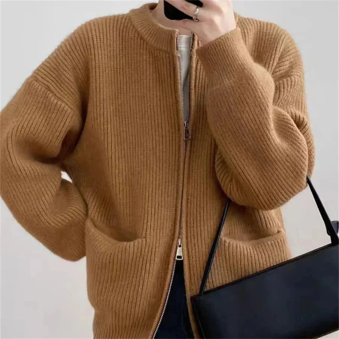 Women Knit Cardigan - Ribbed Texture - Zipper Closure - Oversized Fit - With Pockets