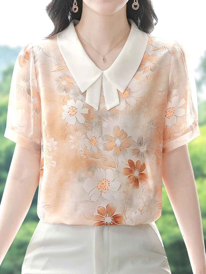 Mariah Classic Lapel Floral Printed Chiffon Top