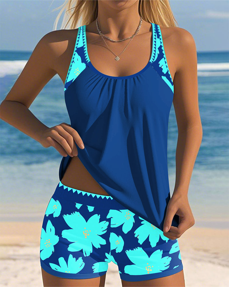 Sleeveless Tankini with U-Neck and Boxer Pattern