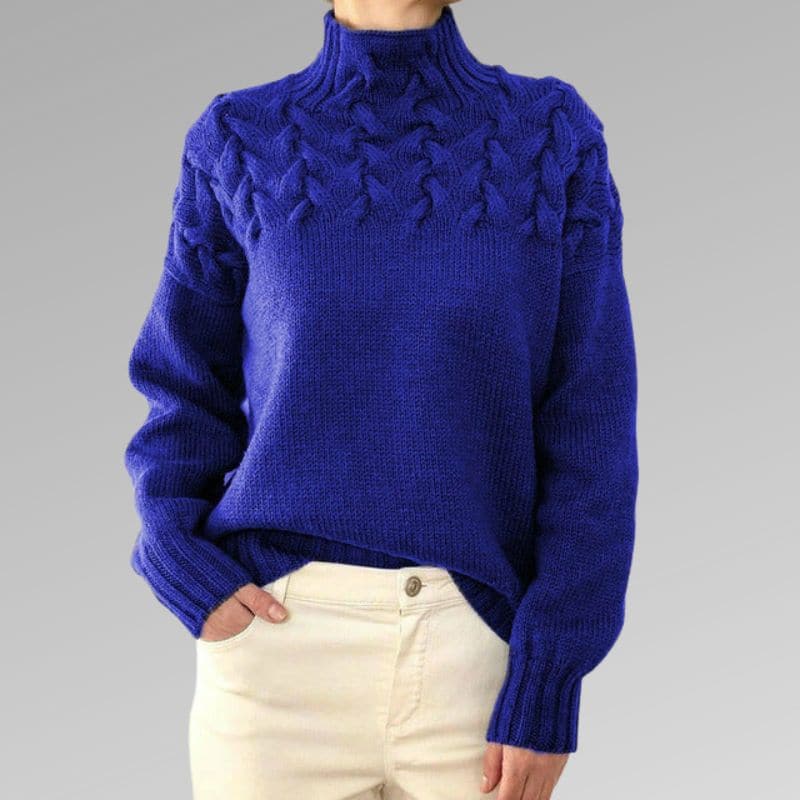 Women's Knit Sweater - Soft Wool Blend - Cable Knit & Ribbed Details - High Collar