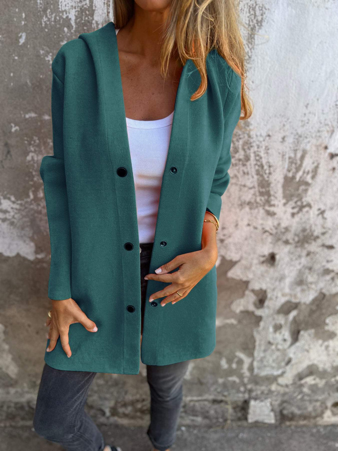 Women's Long Jacket - Wool Blend - Button Closure with Hood - Comfortable Fit