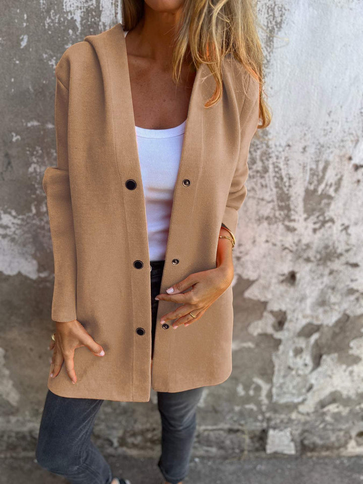 Women's Long Jacket - Wool Blend - Button Closure with Hood - Comfortable Fit