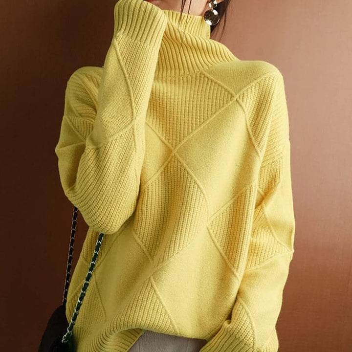 Women's Turtleneck Sweater - Knitted with Diamond Pattern - Soft and Comfortable