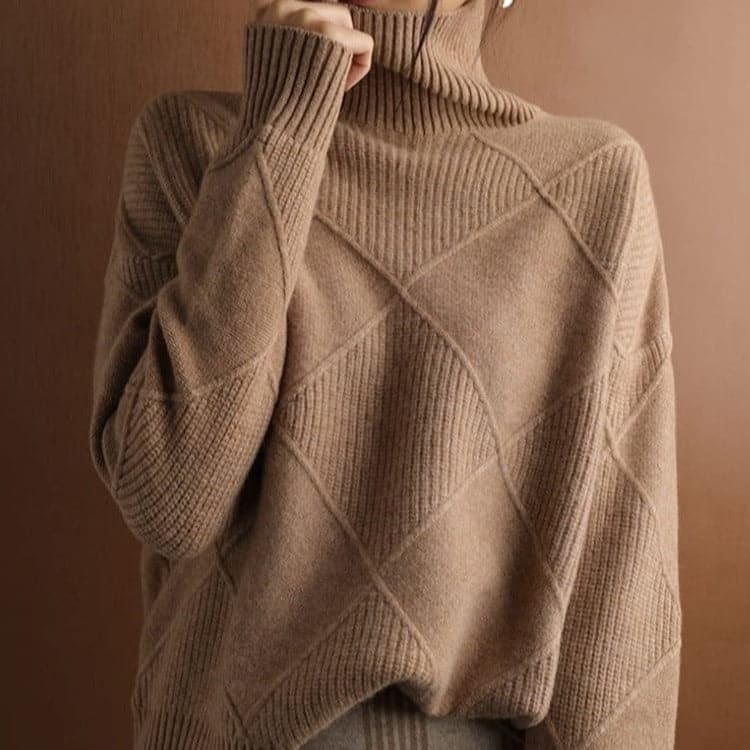Women's Turtleneck Sweater - Knitted with Diamond Pattern - Soft and Comfortable