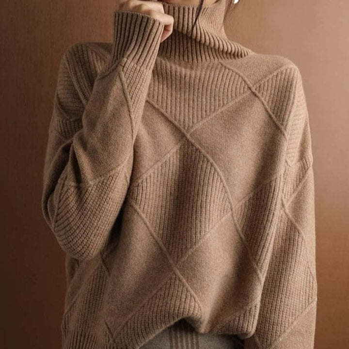 Women's Turtleneck Sweater - Knitted with Diamond Pattern - Soft and Comfortable