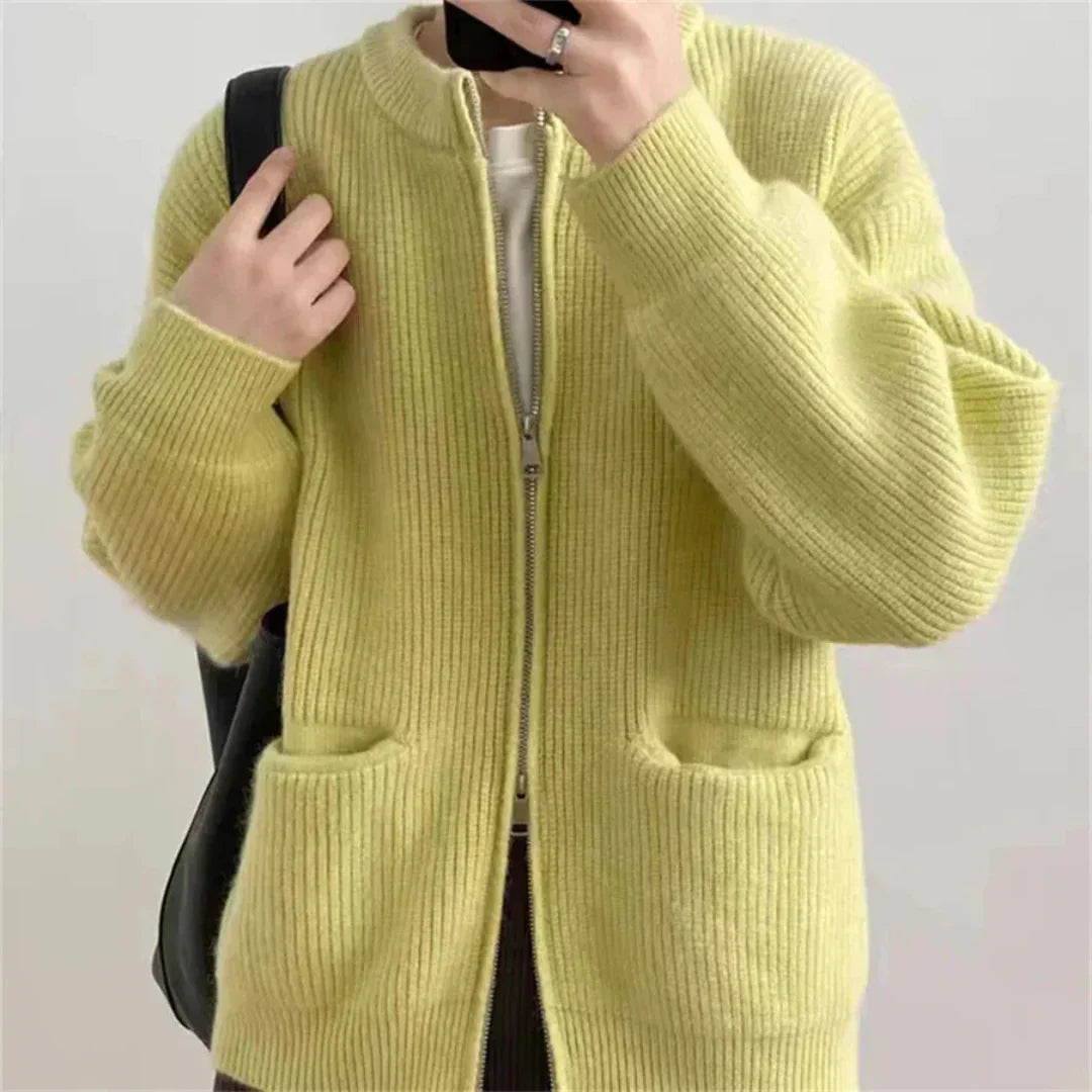 Women Knit Cardigan - Ribbed Texture - Zipper Closure - Oversized Fit - With Pockets