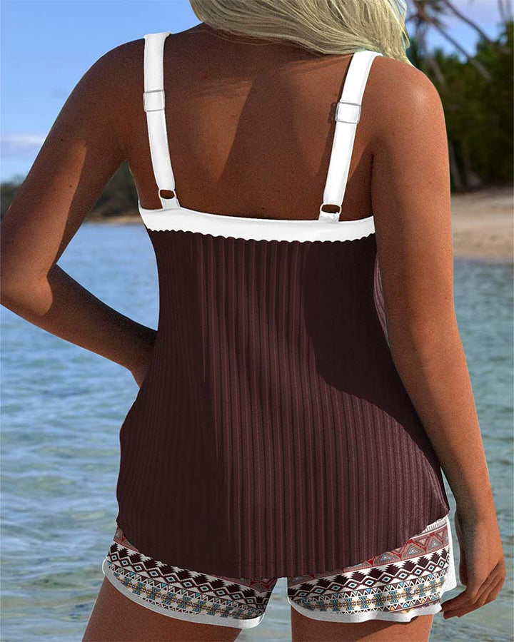 Tankini with Ribbed Design and Printed Beach Shorts