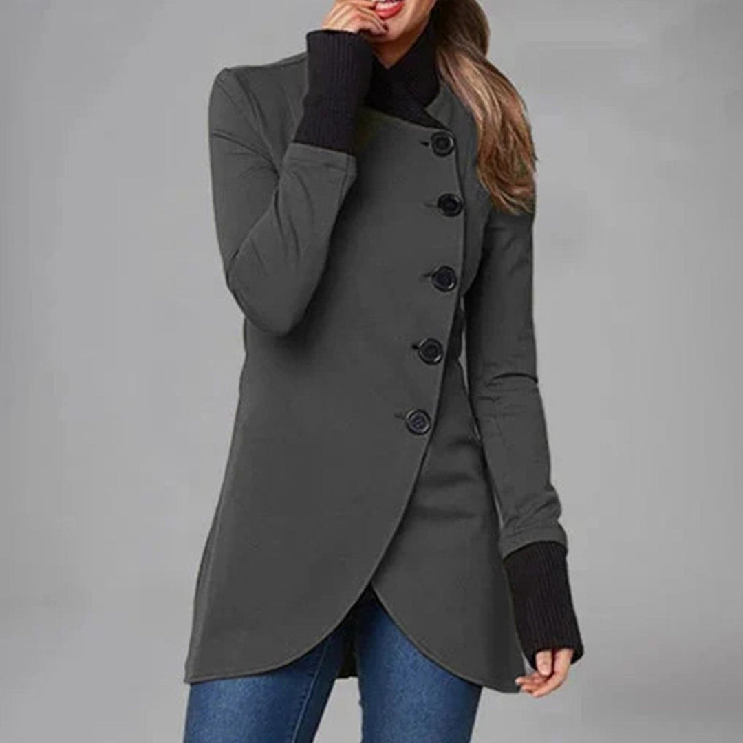 Women's Coat – Asymmetric Button Closure – High Collar – Long Sleeved – Elegant Fit