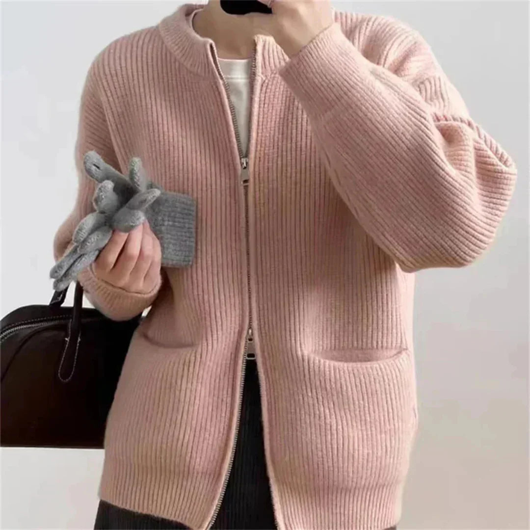Women Knit Cardigan - Ribbed Texture - Zipper Closure - Oversized Fit - With Pockets