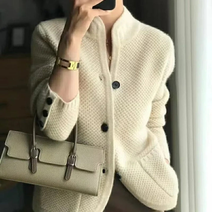 Women's Cardigan – Knitted Pattern – Button Closure – High Neck – With Pockets