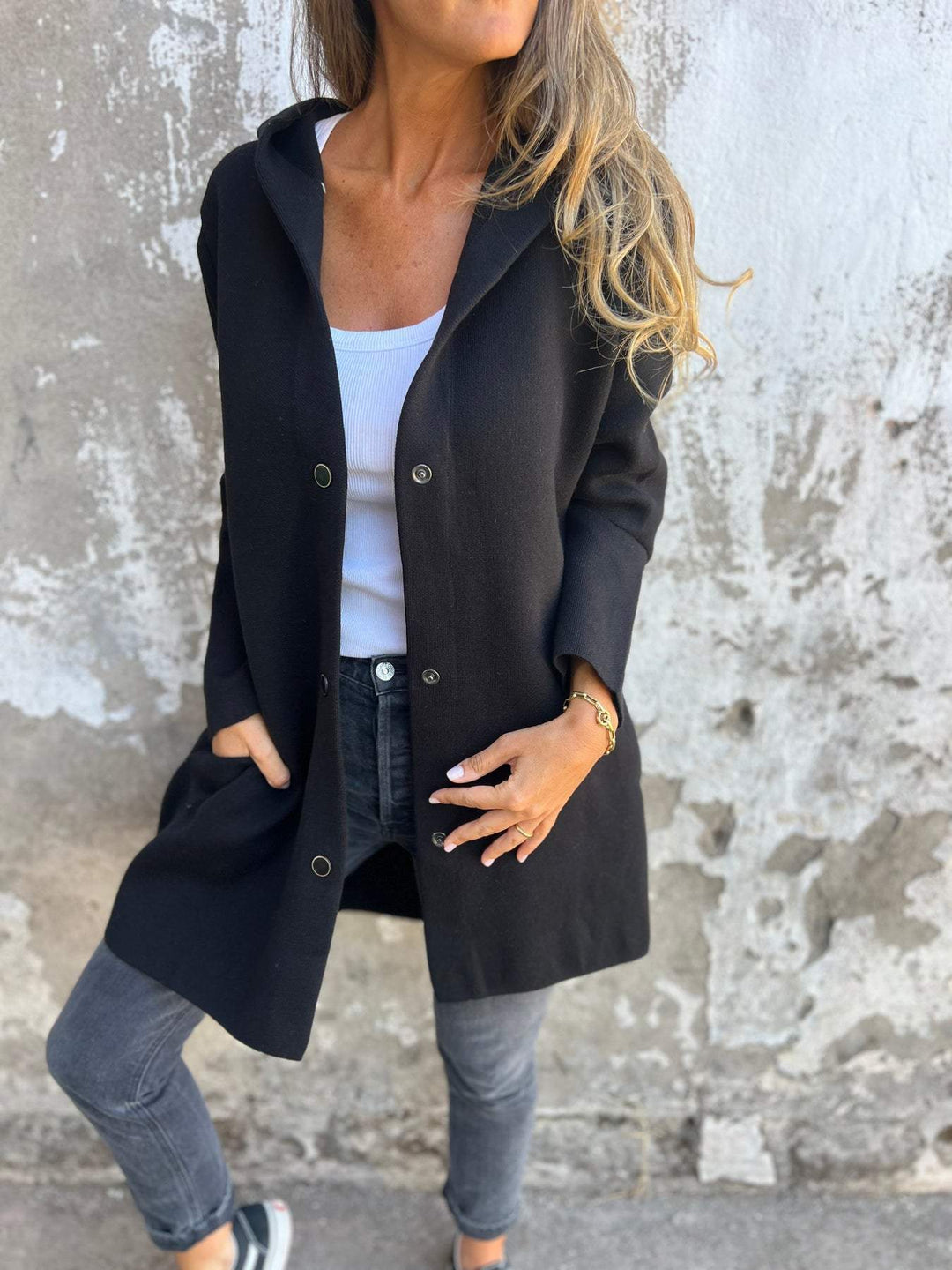 Women's Long Jacket - Wool Blend - Button Closure with Hood - Comfortable Fit