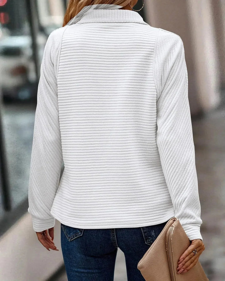 Women's Knit Sweater - Ribbed Texture - Quarter Zip - High Collar - Long-Sleeved Casual Fit