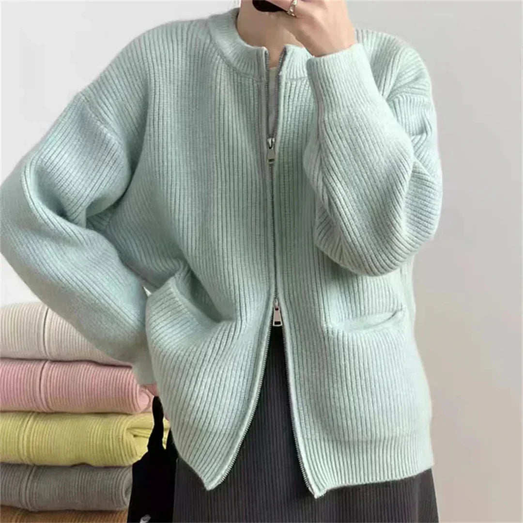 Women Knit Cardigan - Ribbed Texture - Zipper Closure - Oversized Fit - With Pockets