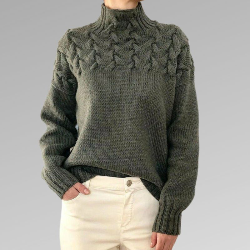 Women's Knit Sweater - High Turtleneck - Cable Knit - Long Sleeves - Comfortable Fit
