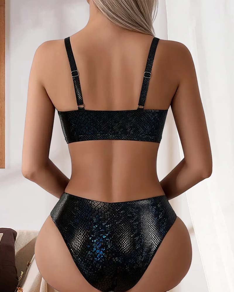 Triangle Cut High-Waisted Bikini Top with Snake Print