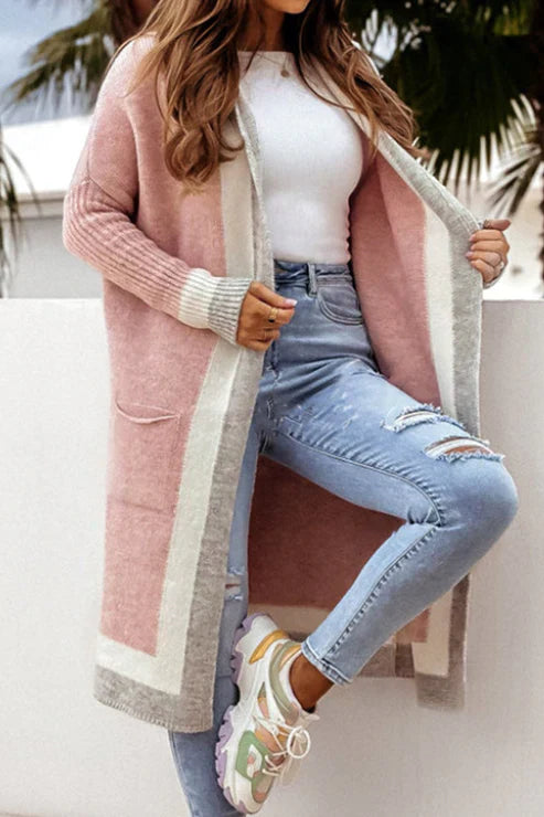 Women's Long Cardigan - Open Front - Soft Knit - Ribbed Cuffs - With Pockets