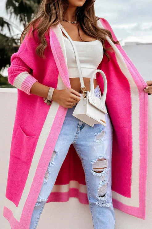 Women's Long Cardigan - Open Front - Soft Knit - Ribbed Cuffs - With Pockets