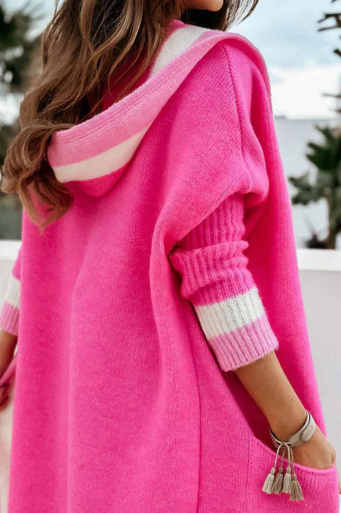 Women's Long Cardigan - Open Front - Soft Knit - Ribbed Cuffs - With Pockets